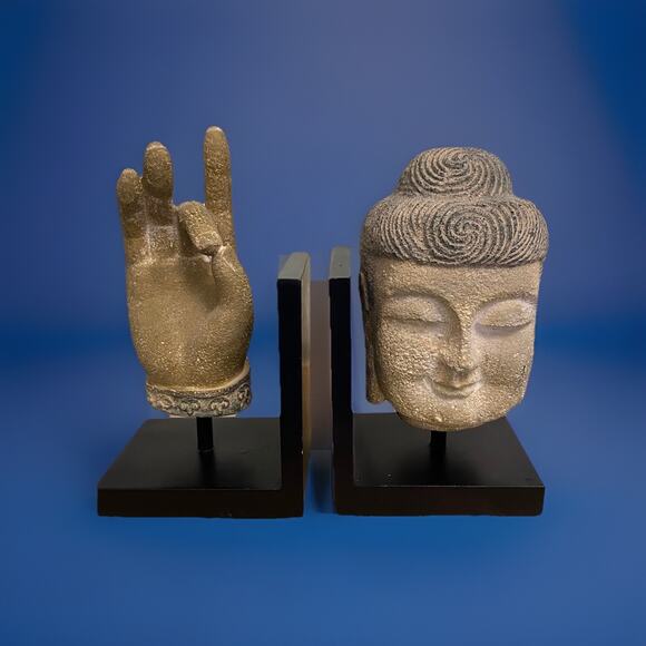 Chinese Decorative Buddha and Hand Black and Stone Finish Bookends 8-9" Tall - Picture 1 of 3